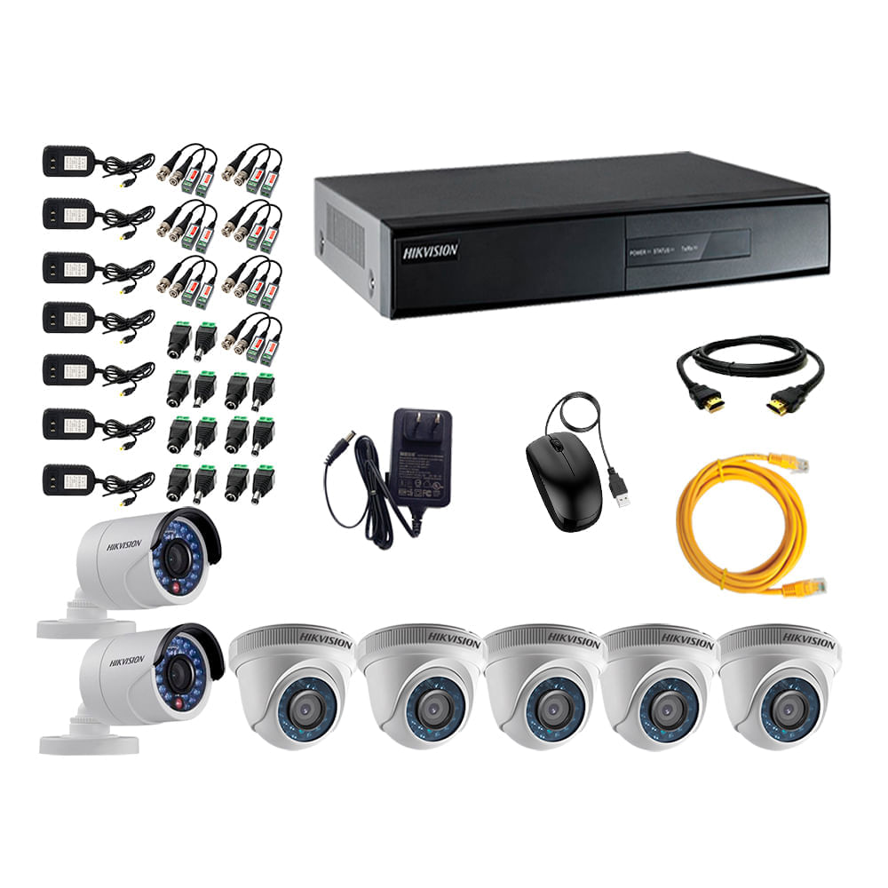Imagen 1 del producto Cámaras seguridad kit 7 Hikvision full HD 1080p + cable HDMI, 12V, blanco
