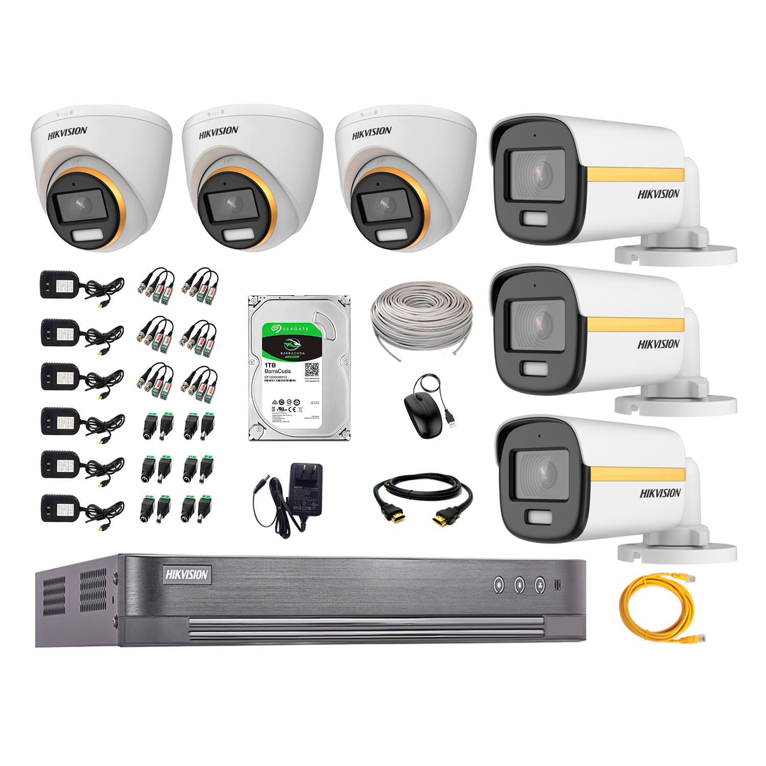 Cámaras seguridad kit 6 Hikvision full hd, colorvu noche color + disco 1TB, balun certificado, blanco