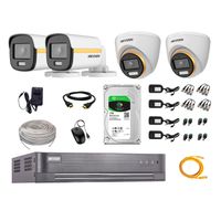 Kit cámaras seguridad Hikvision ColorVu 2 Domo +  2 Tubo full HD + Disco 1TB + 4 pares video Balun + 4 fuente de energía + 4 rollos de cable utp 5E