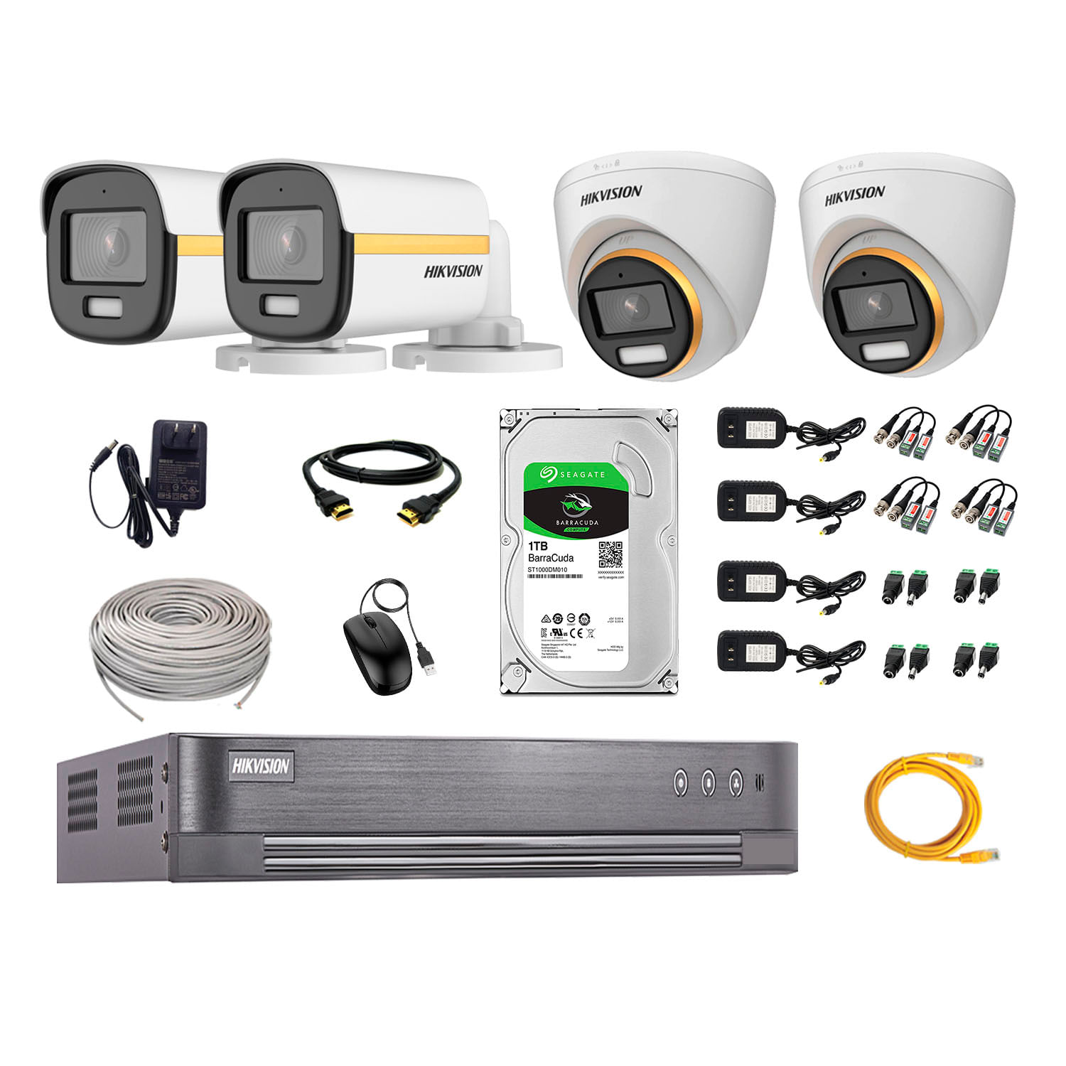 Kit cámaras seguridad Hikvision ColorVu 2 Domo +  2 Tubo full HD + Disco 1TB + 4 pares video Balun + 4 fuente de energía + 4 rollos de cable utp 5E