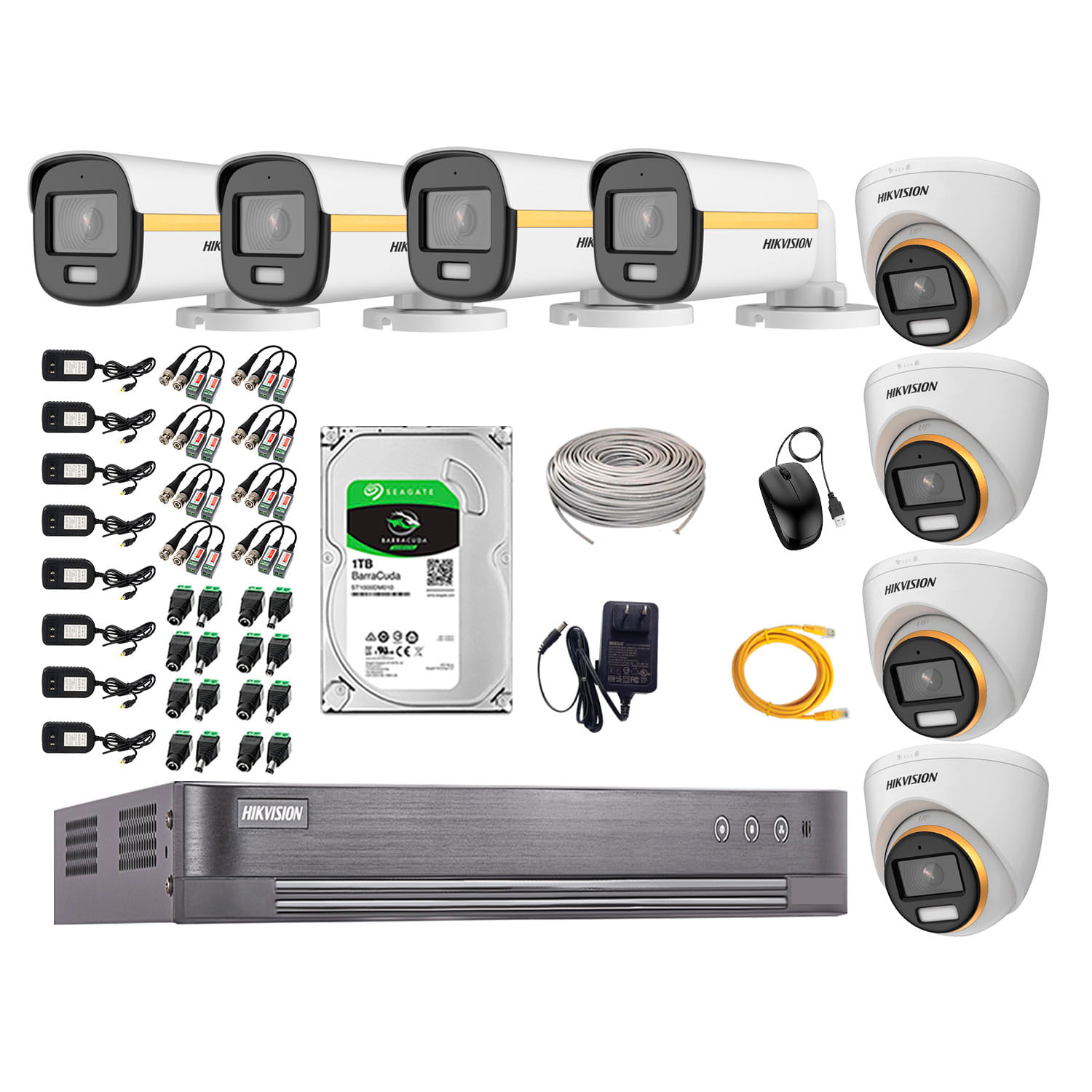 Kit cámaras seguridad Hikvision ColorVu 4 Domo + 4 Tubo full HD + disco 1TB + dvr + 8 rollos cable Utp Cat 5E + 8 conectores dc + Mouse