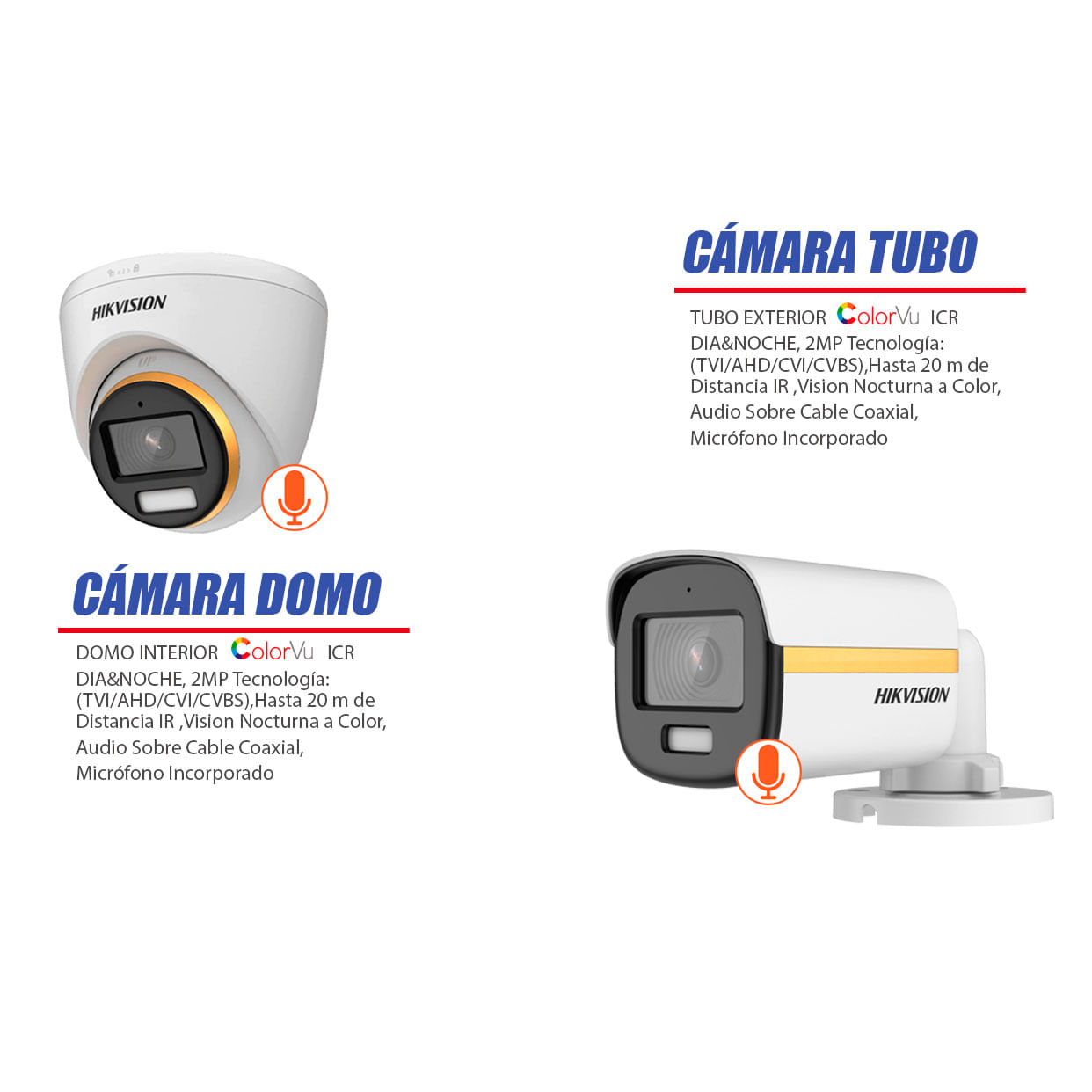 Imagen 2 del producto Kit cámaras seguridad Hikvision ColorVu 4 Domo + 4 Tubo full HD + disco 2TB + 1 mouse + 8 conectores Dc + 8 fuente de energía + Kit de herramientas
