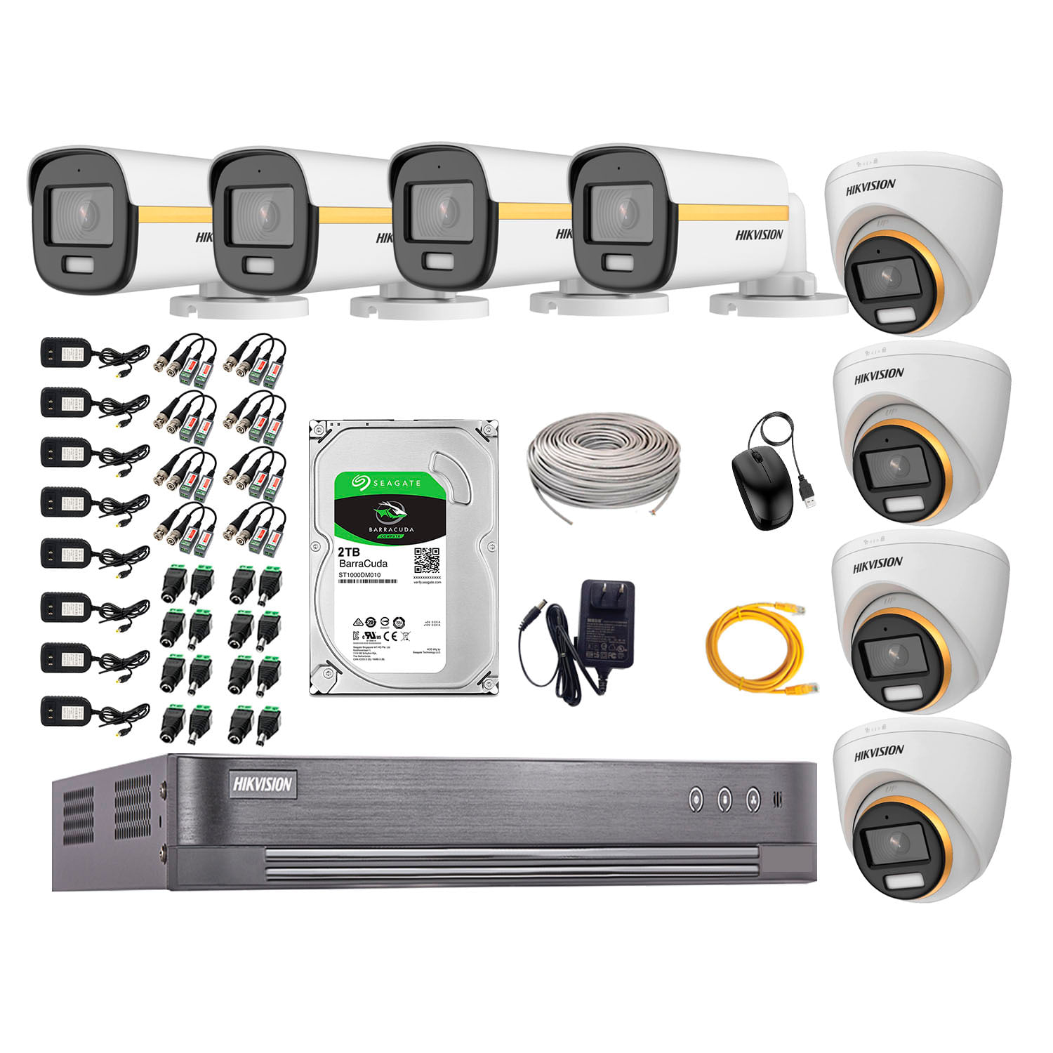 Kit cámaras seguridad Hikvision ColorVu 4 Domo + 4 Tubo full HD + disco 2TB + 1 mouse + 8 conectores Dc + 8 fuente de energía + Kit de herramientas