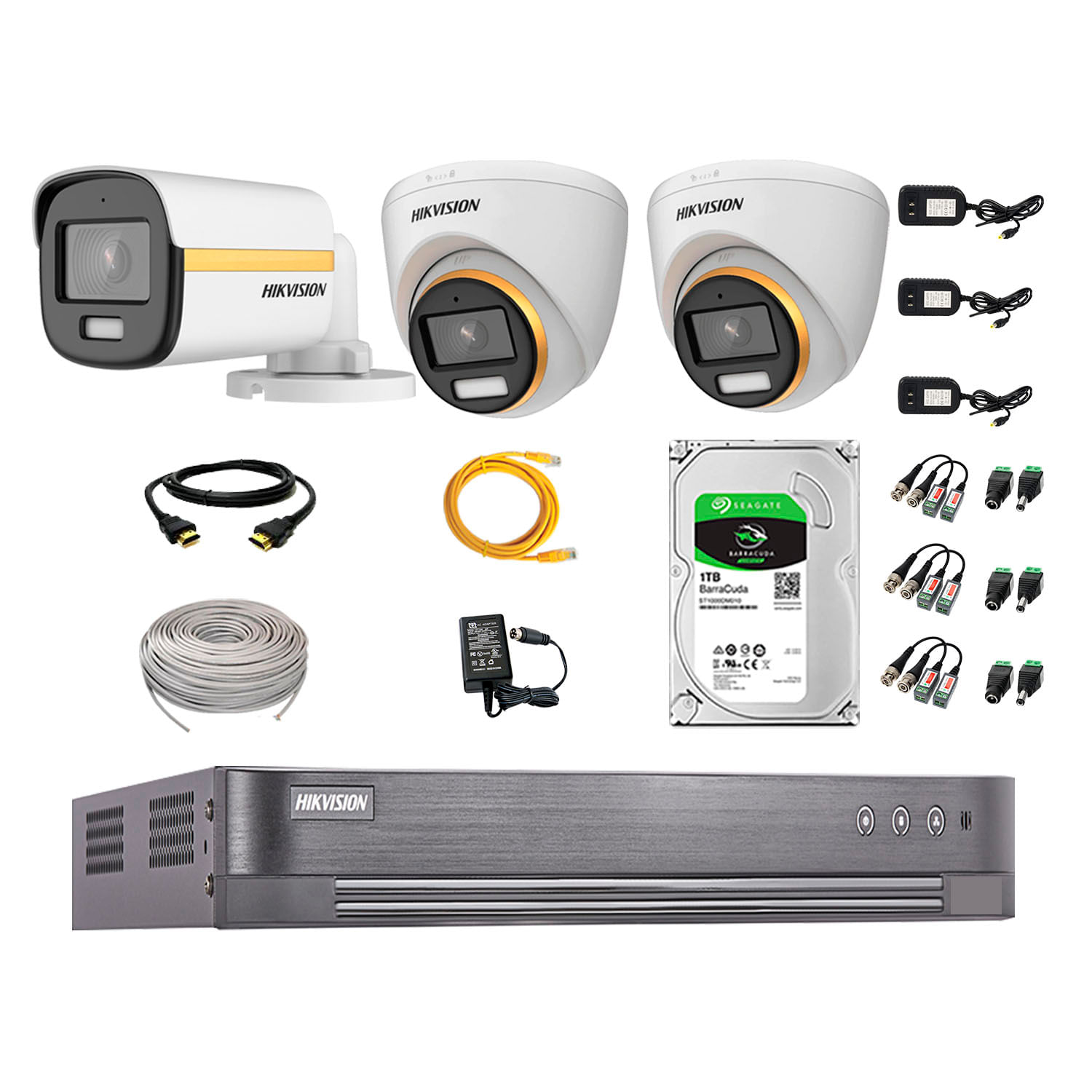 Imagen 1 del producto Kit cámaras seguridad Hikvision ColorVu 2 Domo + 1 Tubo full HD + disco 1TB + Dvr + 3 fuentes de energía + 3 rollos cable utp cat 5E + 1 mouse