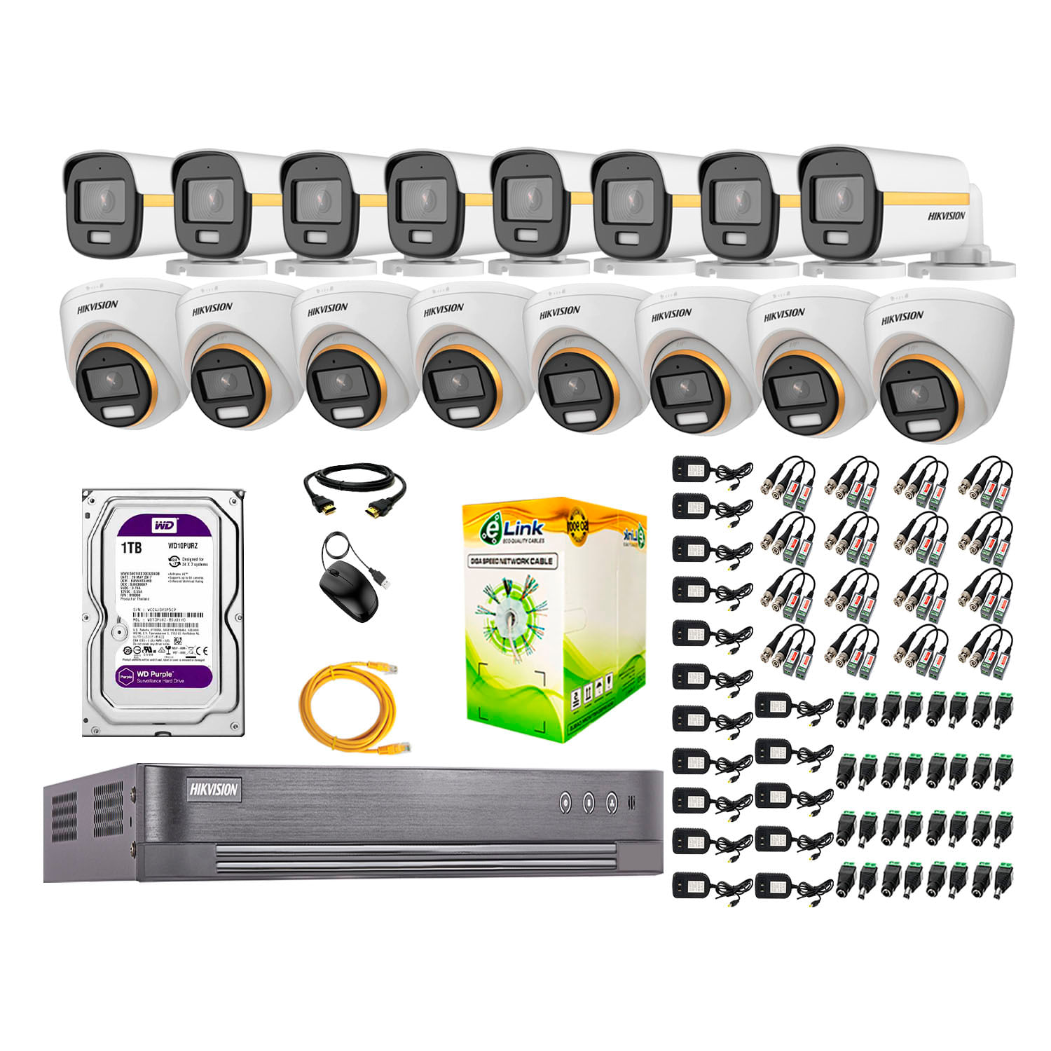 Kit cámaras seguridad Hikvision ColorVu 8 Domo + 8 Tubo full HD + disco 1TB + 1 Mouse + 16 conectores Dc + Caja cable utp
