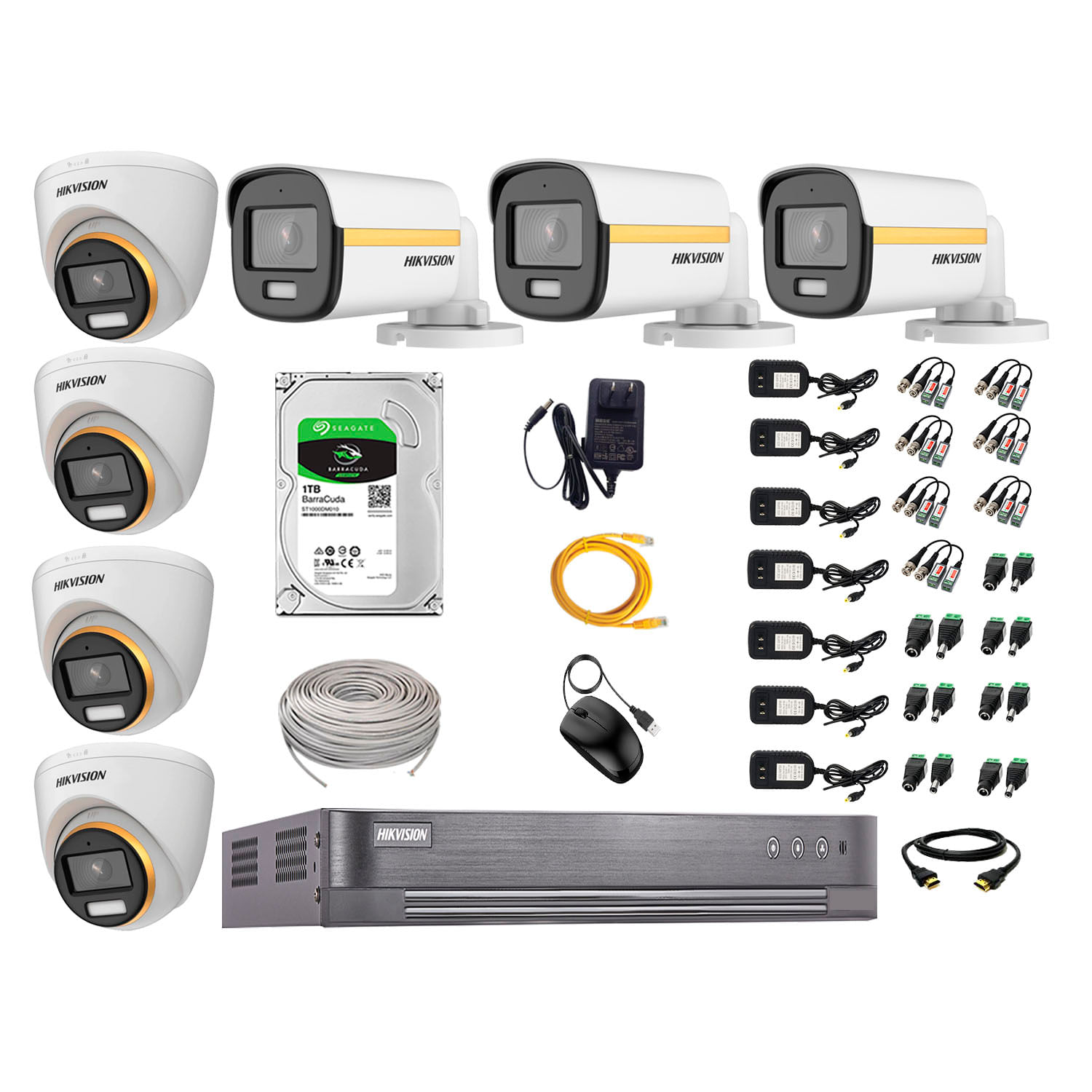 Kit cámaras seguridad Hikvision Color Vu 4 Domo + 3 Tubo, full HD + disco 1TB + 7 fuentes de energía + 7 rollos cable utp + Dvr + 7 pares video Balun