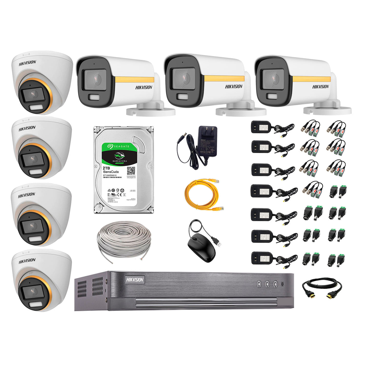 Kit cámaras seguridad Hikvision Color Vu 4 Domo + 3 Tubo full HD + disco 2TB + 7 Fuentes de energía + dvr + 7 rollos de cable utp