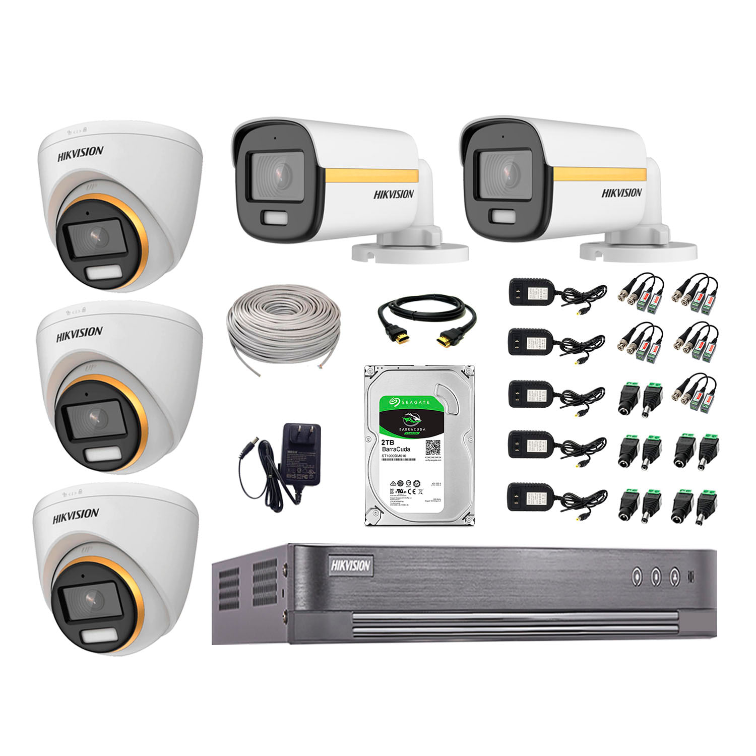 Kit cámaras seguridad Hikvision Color Vu 3 Domo + 2 Tubo, full HD + disco 2TB + Fuente de energía + Dvr + Cable utp