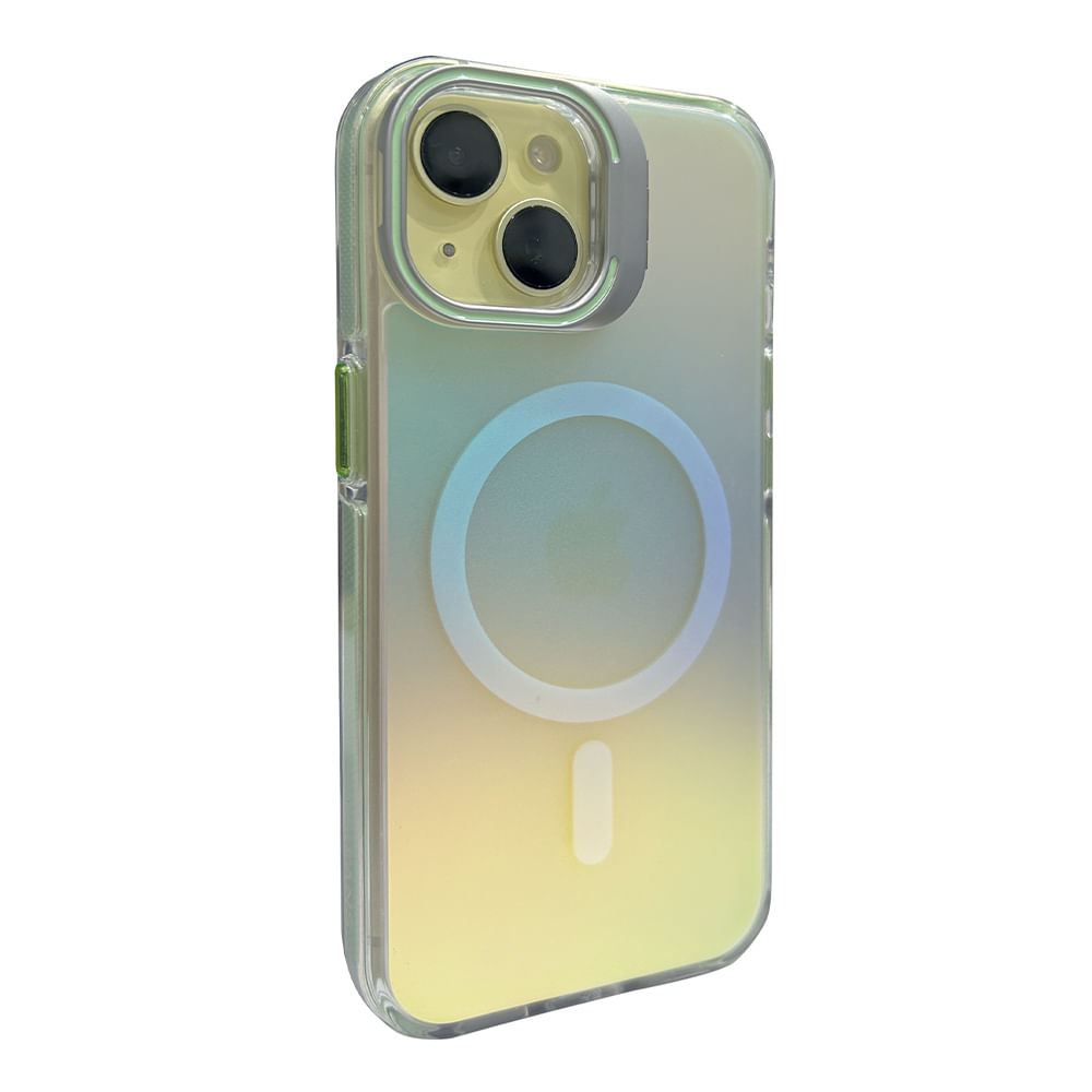 Imagen 2 del producto Case para iPhone 13/14 con Magsafe para carga inalámbrica, soporte en la cámara, color tornasolado con borde verde