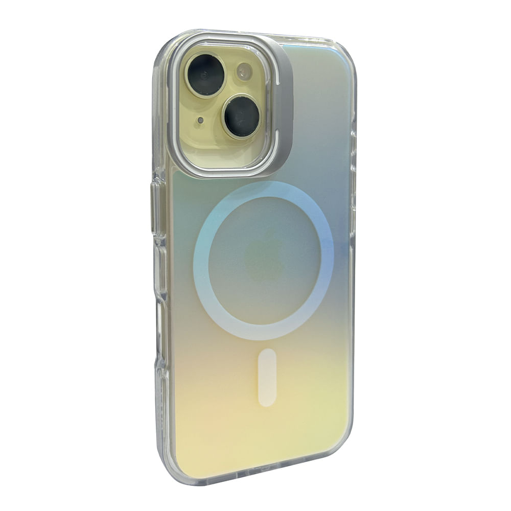 Imagen 2 del producto Case para iPhone 16 con magsafe para carga inalámbrica, soporte en la cámara, color tornasolado con borde blanco