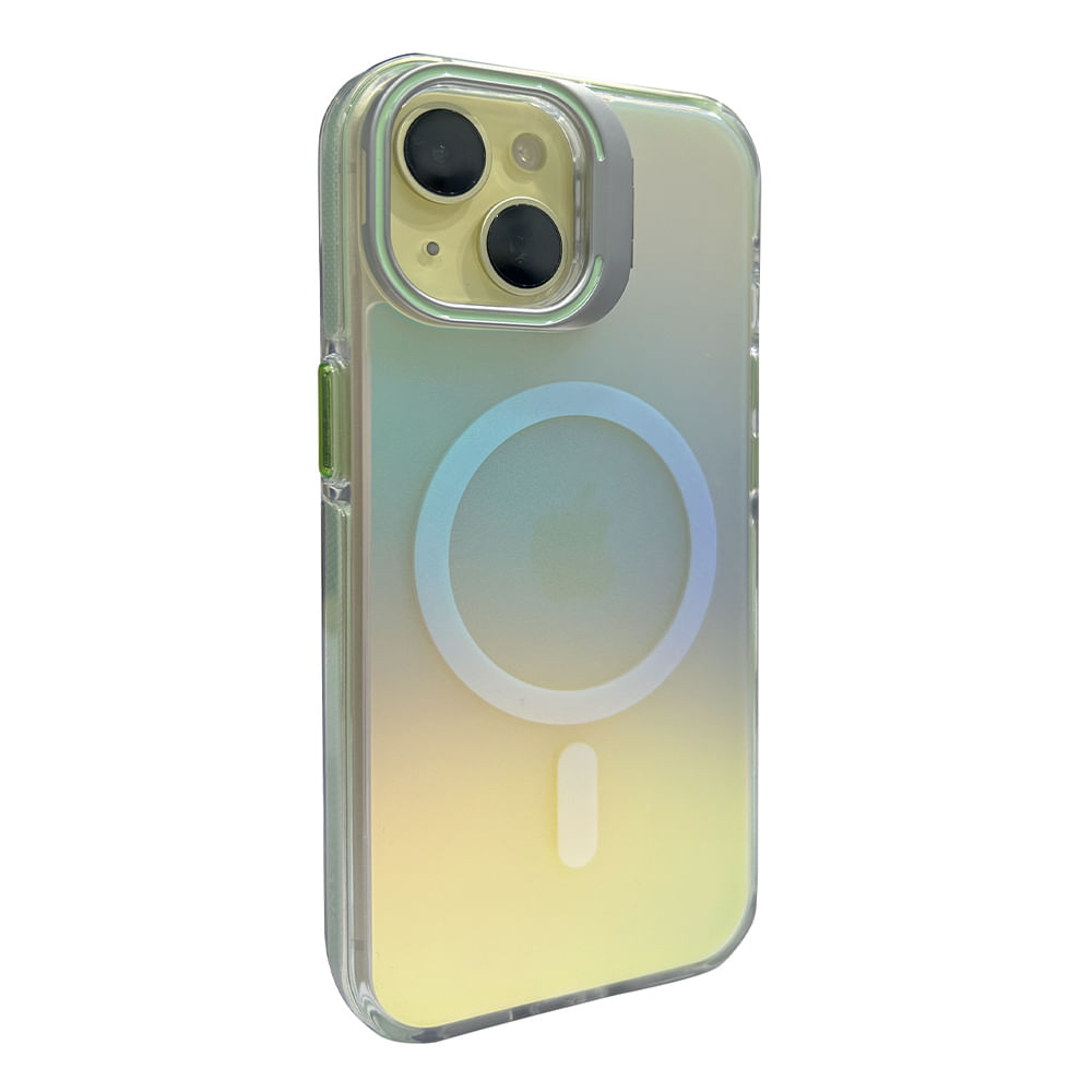 Imagen 2 del producto Case para iPhone 16 con magsafe para carga inalámbrica, soporte en la cámara, color tornasolado con borde verde