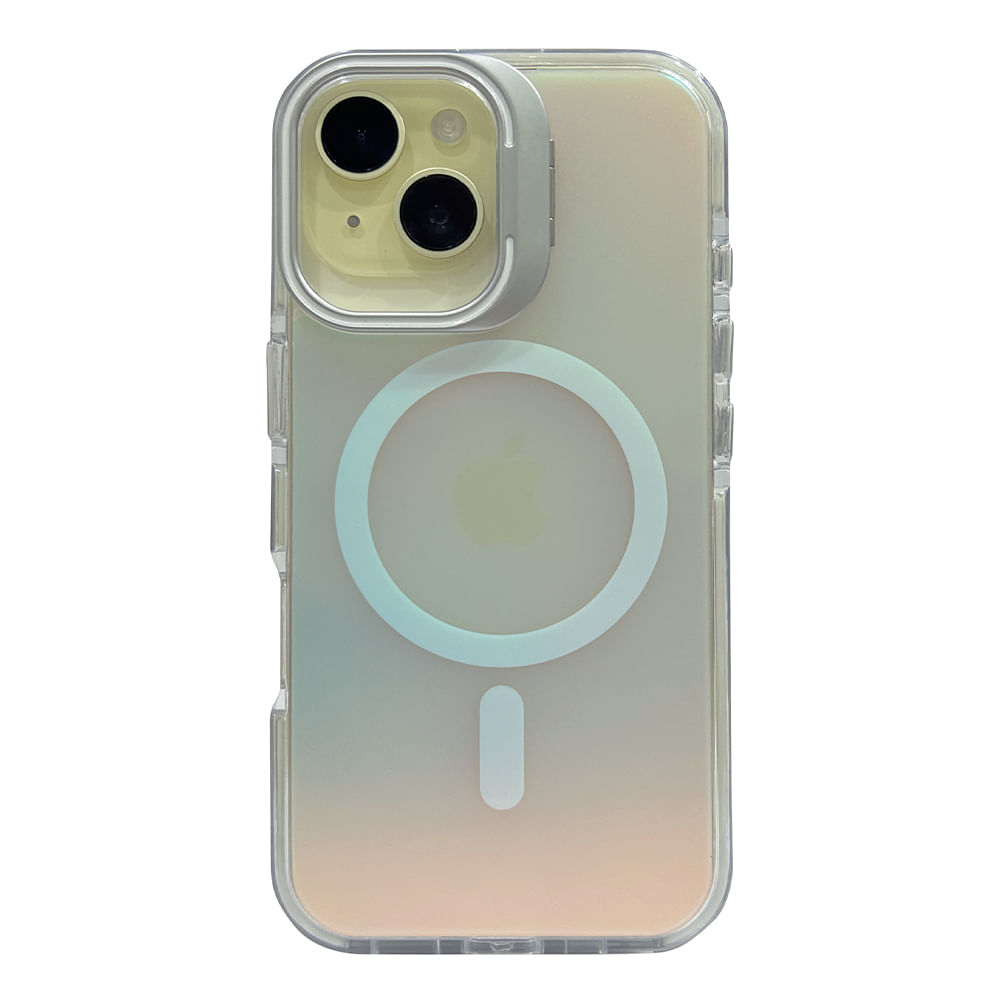 Imagen 1 del producto Case para iPhone 16 Pro Max con magsafe para carga inalámbrica, soporte en la cámara, color tornasolado con borde blanco