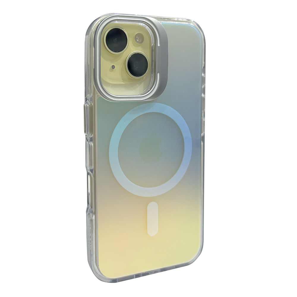 Imagen 2 del producto Case para iPhone 16 Pro Max con magsafe para carga inalámbrica, soporte en la cámara, color tornasolado con borde blanco