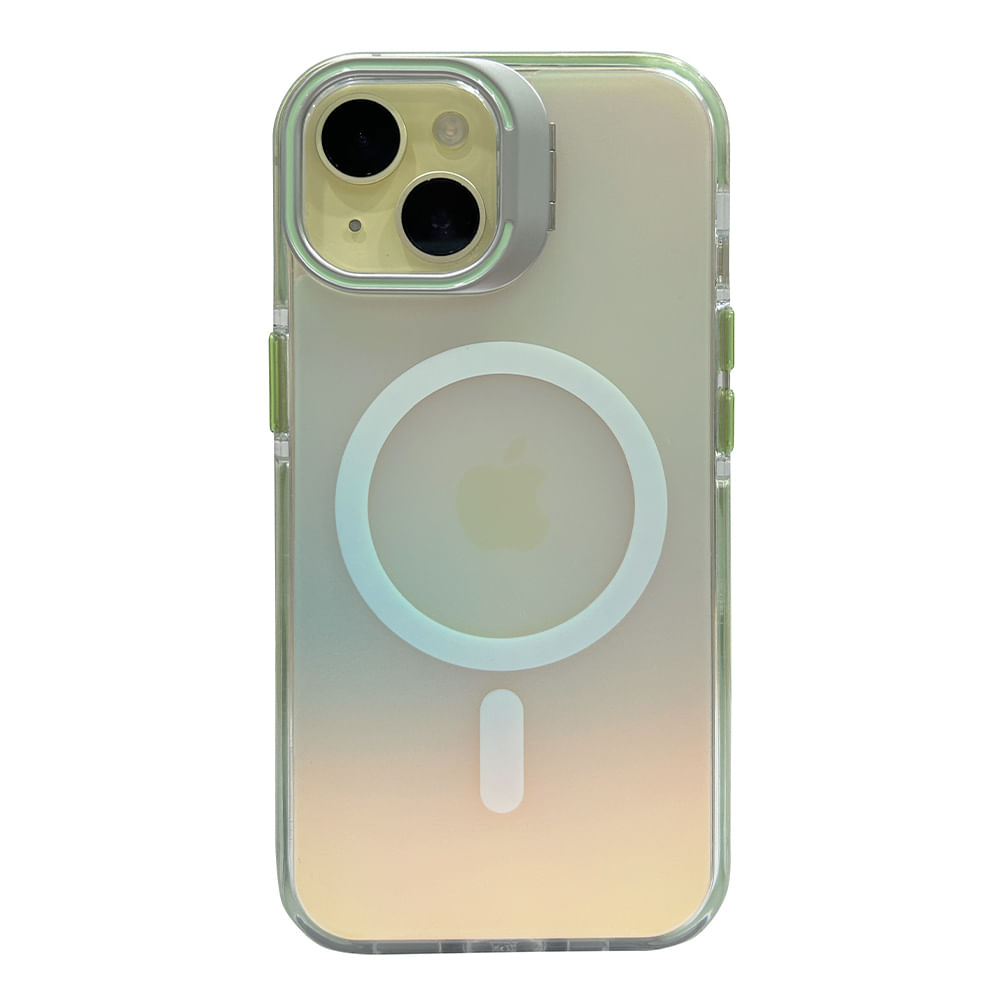 Imagen 1 del producto Case para iPhone 15 Pro con Magsafe para carga inalámbrica, soporte en la cámara, color tornasolado con borde verde