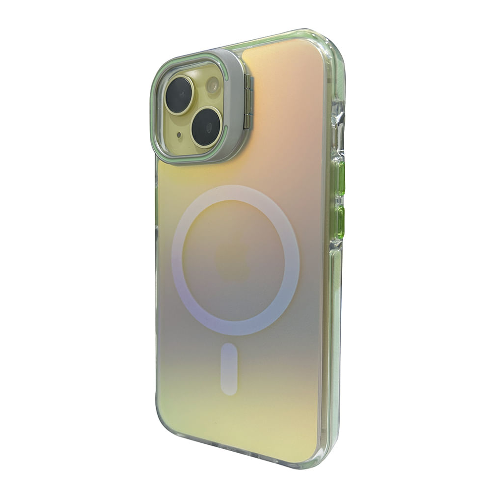 Imagen 2 del producto Case para iPhone 15 Pro con Magsafe para carga inalámbrica, soporte en la cámara, color tornasolado con borde verde