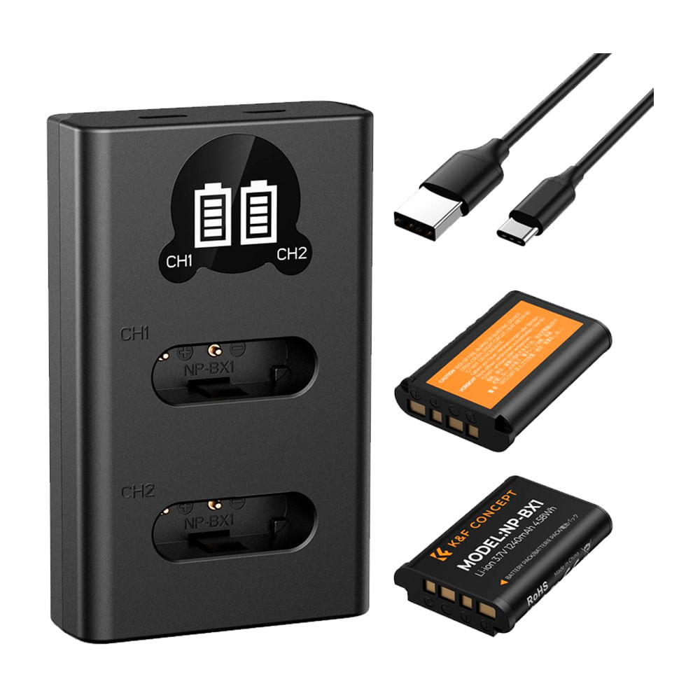 Cargador doble K&F concept KF28.0044 + 2 baterías NP-BX1, 1240mAh, LCD, negro