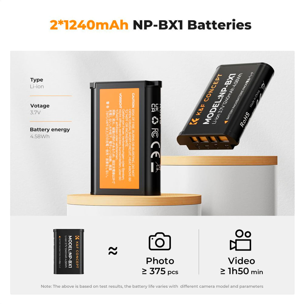 Imagen 2 del producto Cargador doble K&F concept KF28.0044 + 2 baterías NP-BX1, 1240mAh, LCD, negro