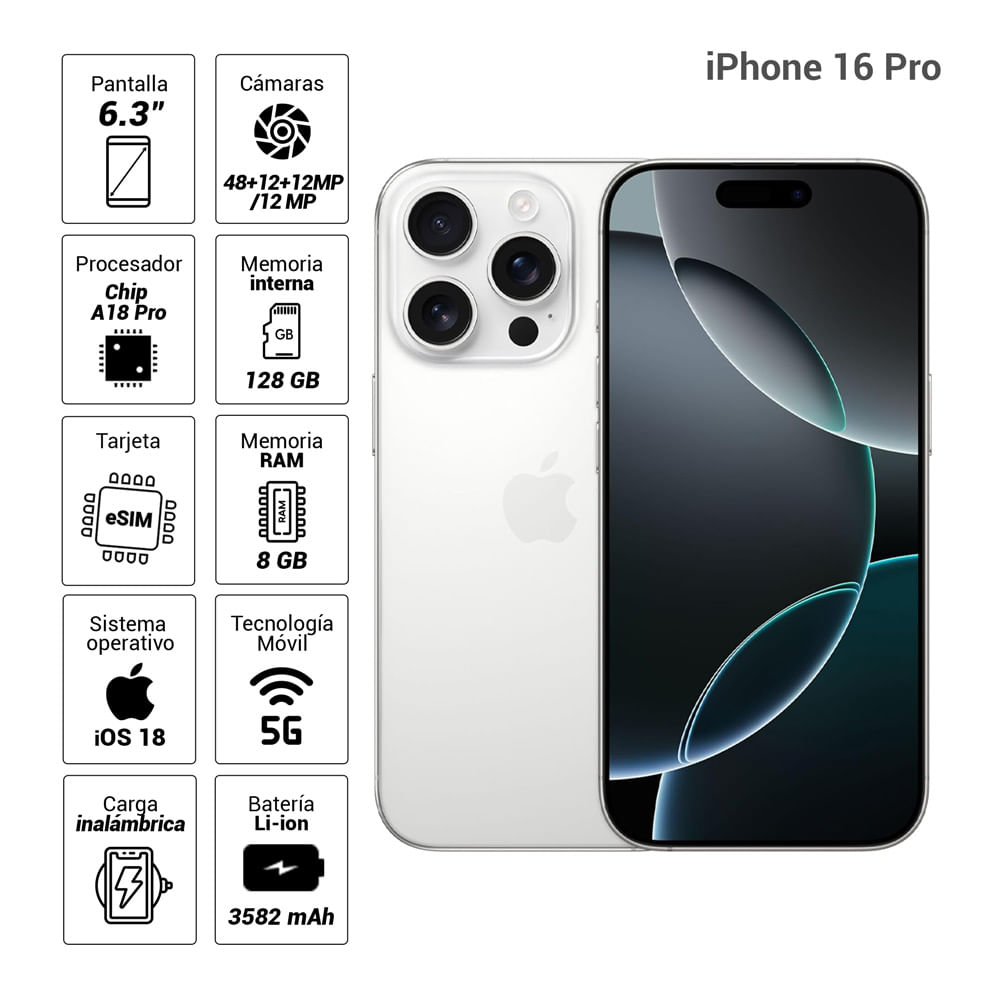 Imagen 2 del producto iPhone 16 Pro 5G 128GB, 8GB RAM, cámara trasera 48MP y frontal 12MP, 6.3"", White-Titanium