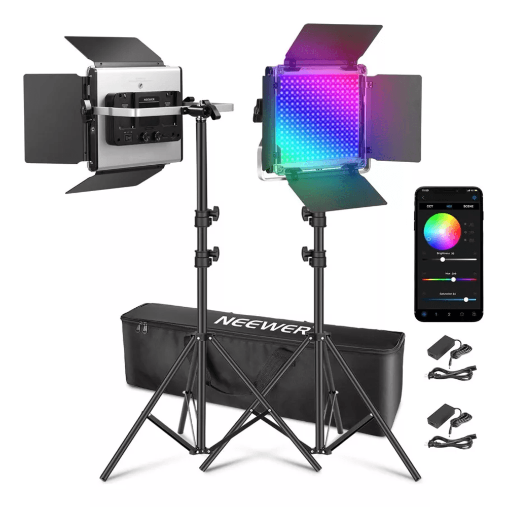Imagen 1 del producto Kit luz Led Neewer 660 Pro RGB, parantes, difusores blancos, adaptadores de CA, negro