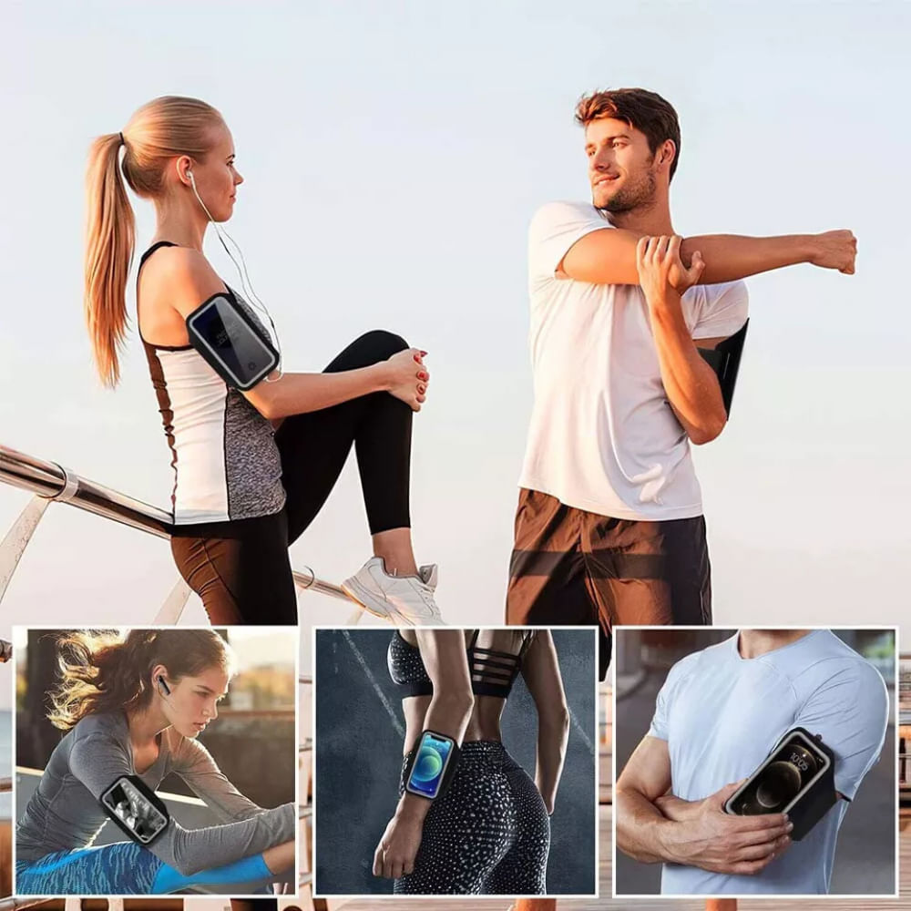 Imagen 2 del producto Brazalete portacelular Roadtrip para correr, compatible con dispositivos iPhone y Galaxy hasta 6.7”, correa ajustable, con bolsillo para llaves, negro