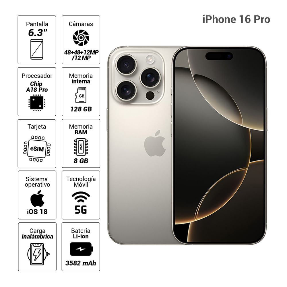 Imagen 2 del producto iPhone 16 Pro eSIM 5G 128GB, 8GB RAM, cámara trasera 48MP y frontal 12MP, 6.3"", Natural Titanium