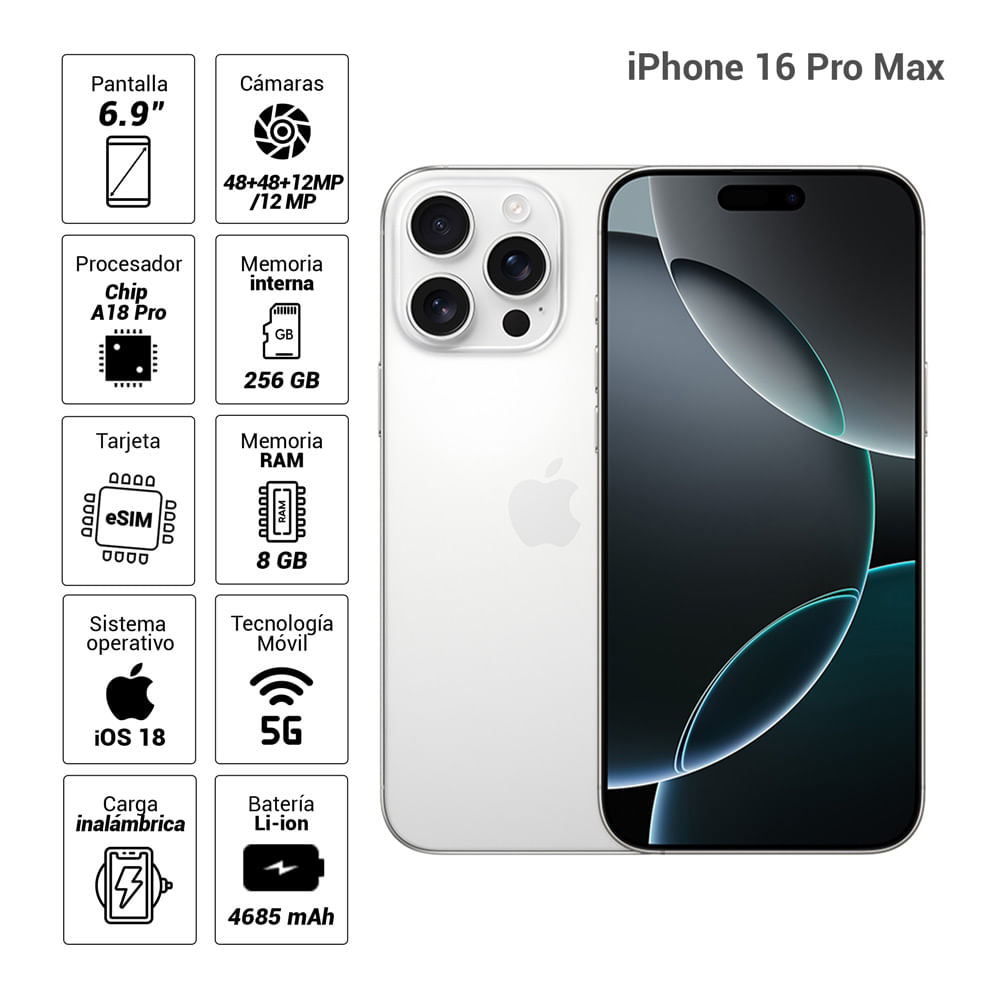 Imagen 2 del producto iPhone 16 Pro Max eSIM 5G 256GB, 8GB RAM, cámara trasera 48MP y frontal 12MP, 6.9"", White-Titanium
