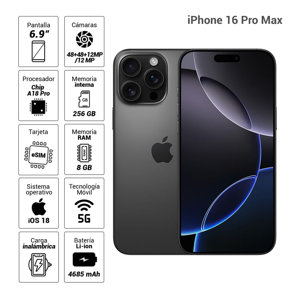 Imagen 2 del producto iPhone 16 Pro Max eSIM 5G 256GB, 8GB RAM, cámara trasera 48MP y frontal 12MP, 6.9"", Black-Titanium
