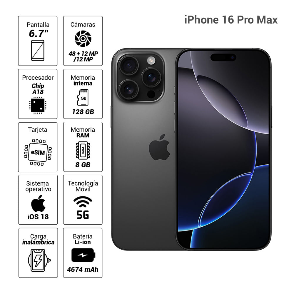 Imagen 2 del producto iPhone 16 Plus eSIM 5G 128GB, 8GB RAM, cámara trasera 48MP y frontal 12MP, 6.7"", negro