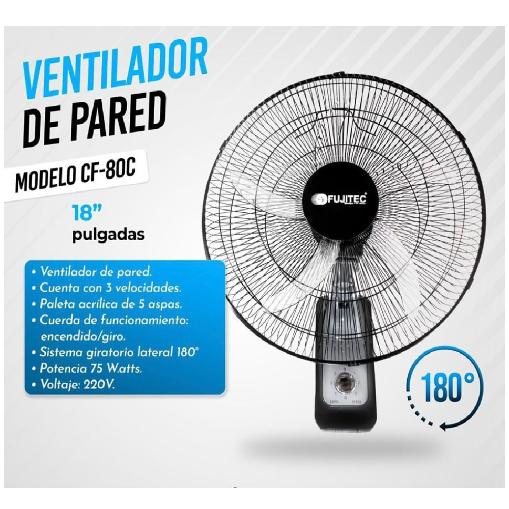 Imagen 2 del producto Ventilador de pared Fujitec 75W, 3 velocidades, negro