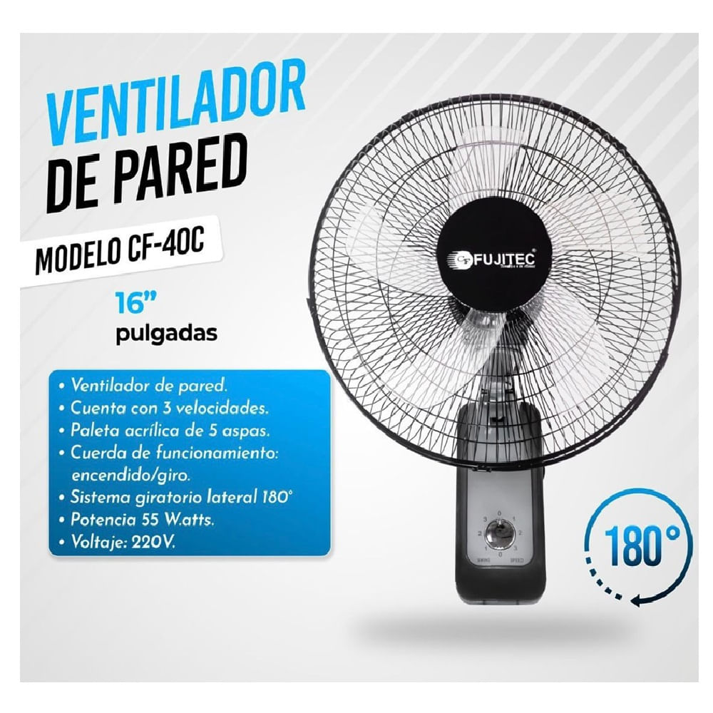 Imagen 2 del producto Ventilador de pared Fujitec CF-40C 16"", 55w, 5 aspas, 3 velocidades, negro