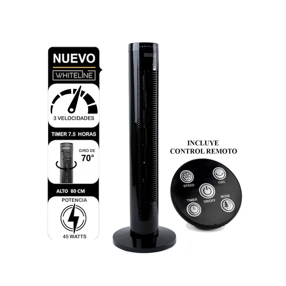 Imagen 2 del producto Ventilador de torre Whiteline 45W, 3 velocidades, giro de 70°, negro