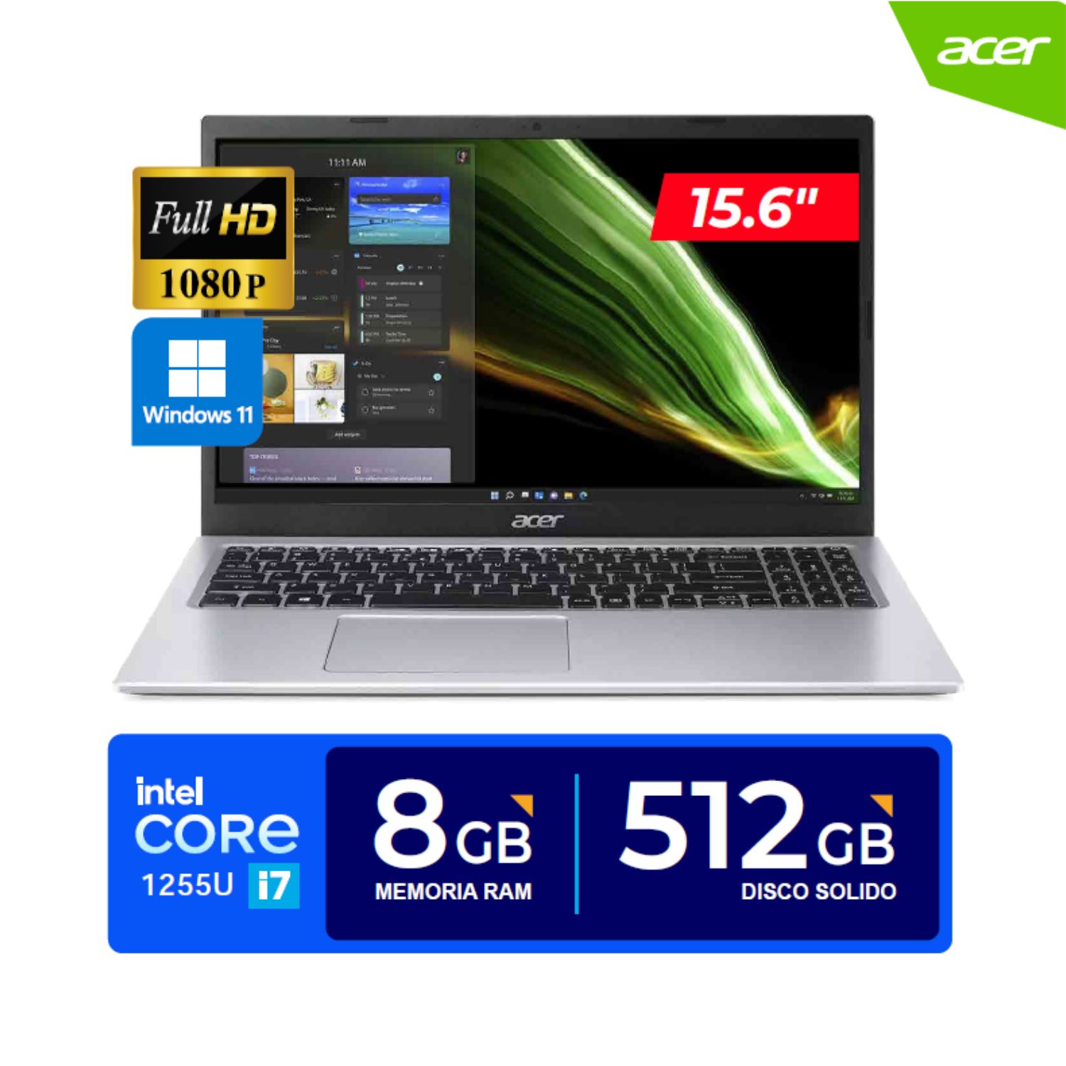 Imagen 2 del producto Laptop Acer Aspire 3 15.6"", i7-1255U, 8GB DDR4, 512GB, Full HD (1920 x 1080), Windows 11, gris