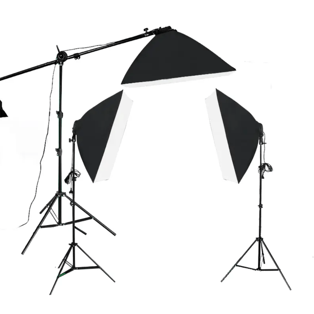 Kit iluminación continua 3 Softbox, parantes, soporte cenital, negro