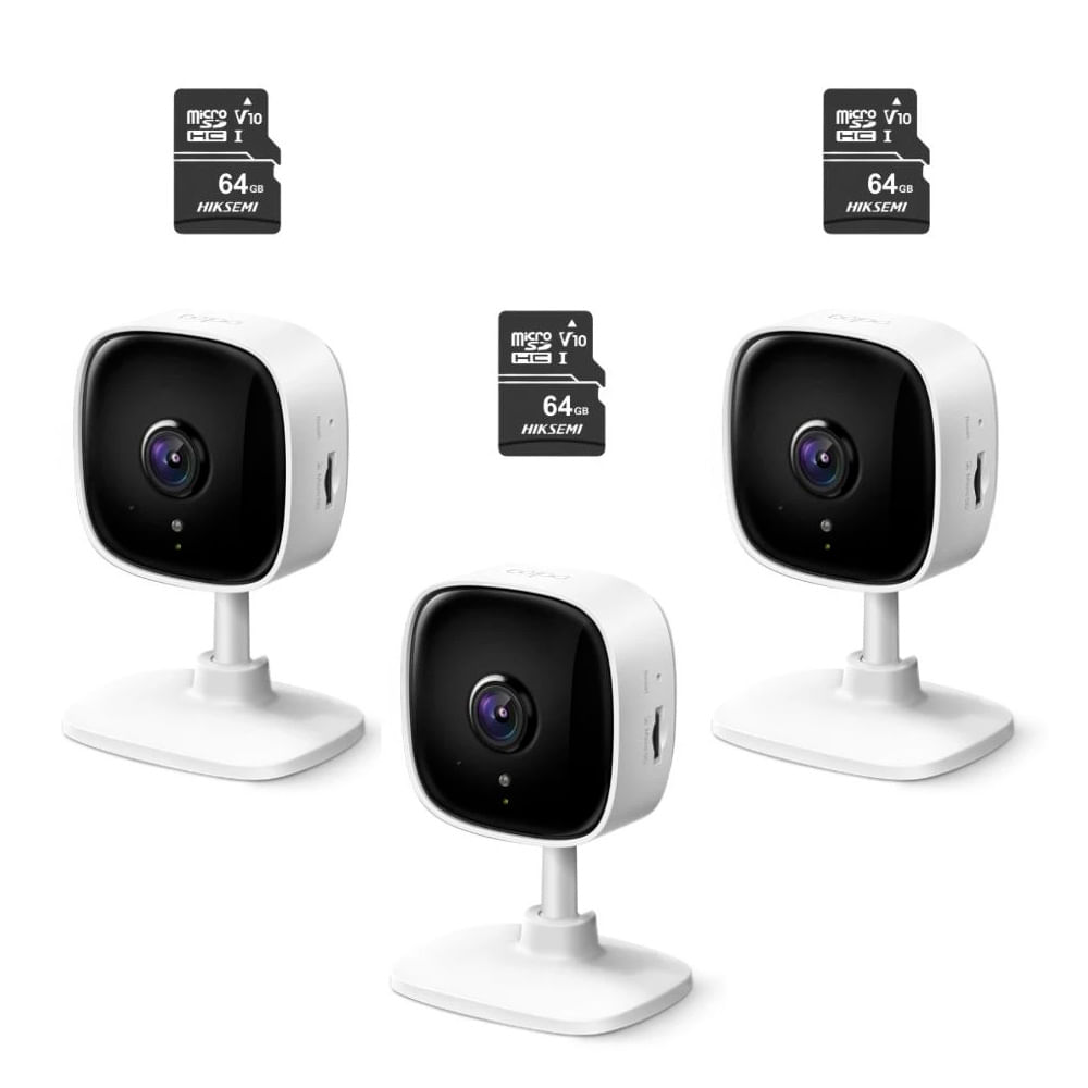 Imagen 1 del producto Kits de 3 cámaras de seguridad Tapo C100 + 3 Micro SD 64gb, Full HD 1080p, visión nocturna, blanco