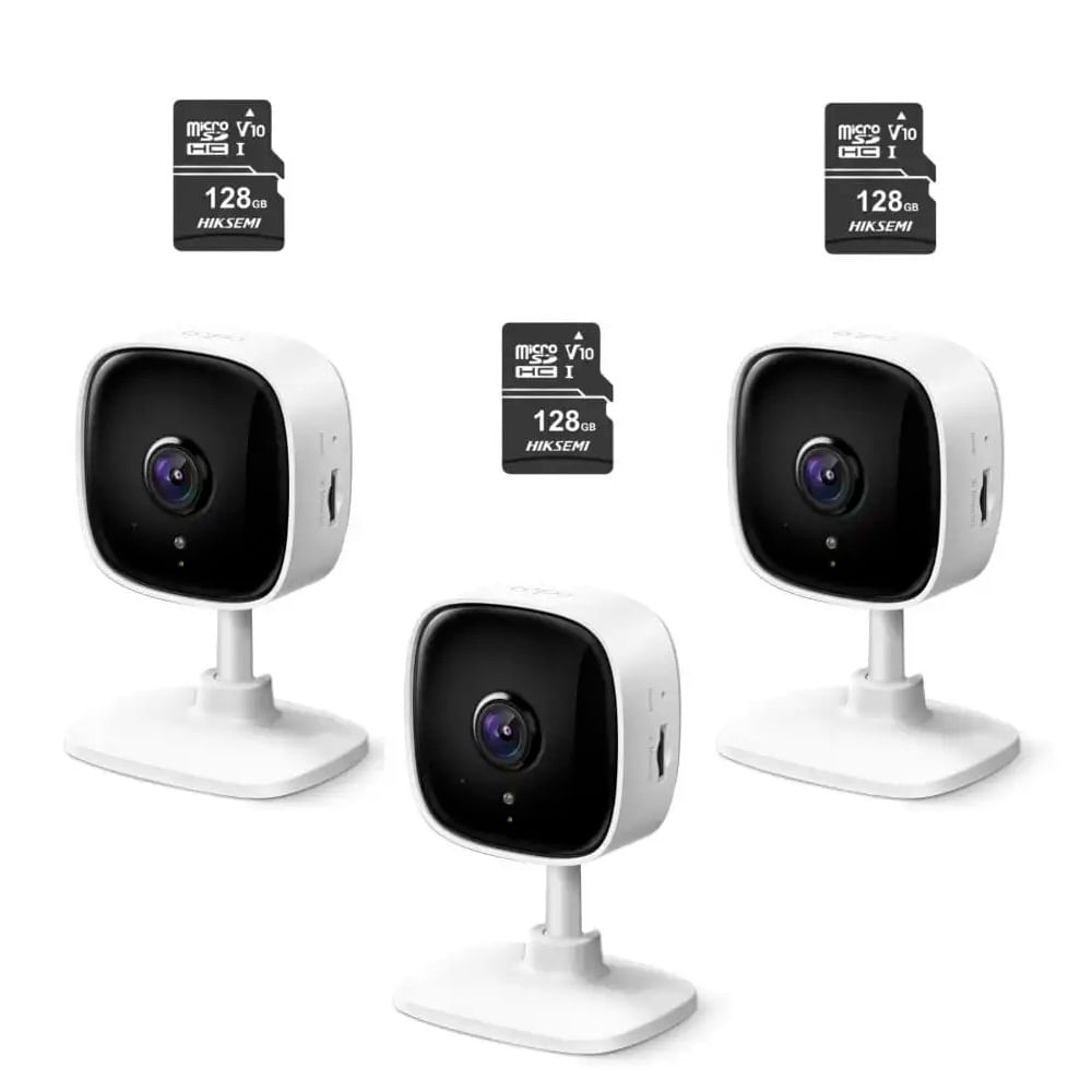 Kits de 3 cámaras de seguridad Tapo C100 Full HD + 3 Micro SD 128GB, interior, lente fija, audio bidireccional, blanco