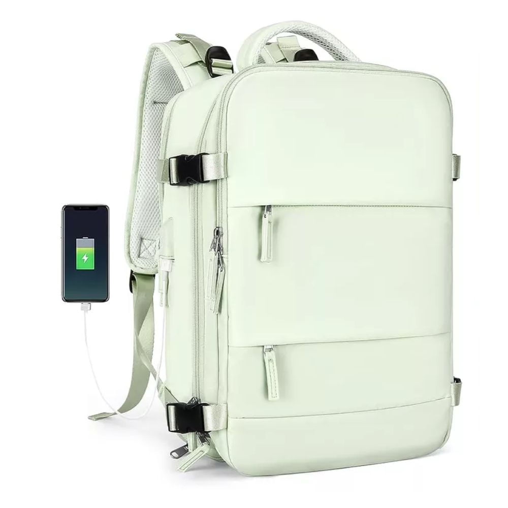 Mochila de viaje, bolso de mano, conector USB, menta