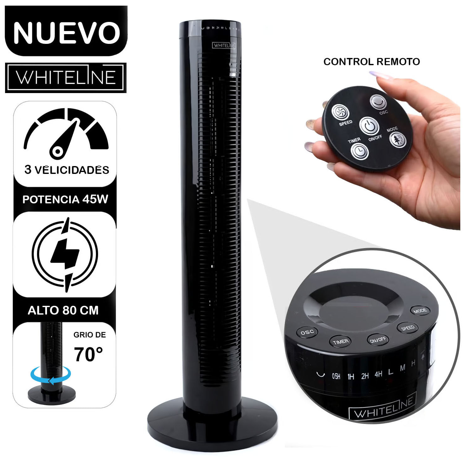 Imagen 2 del producto Ventilador de torre Whiteline 45W, control remoto, negro