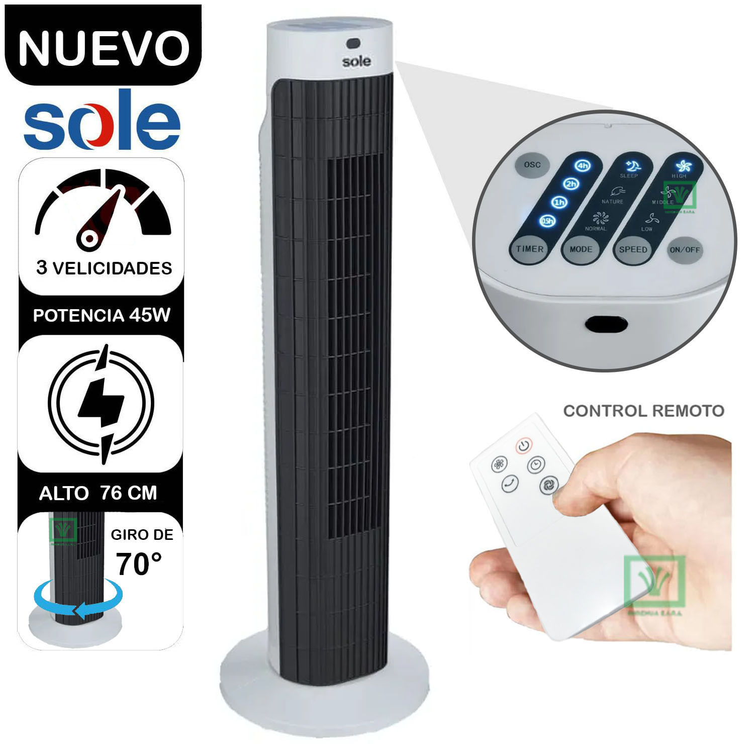 Imagen 2 del producto Ventilador de torre Sole 45W, 3 velocidades, temporizador, blanco