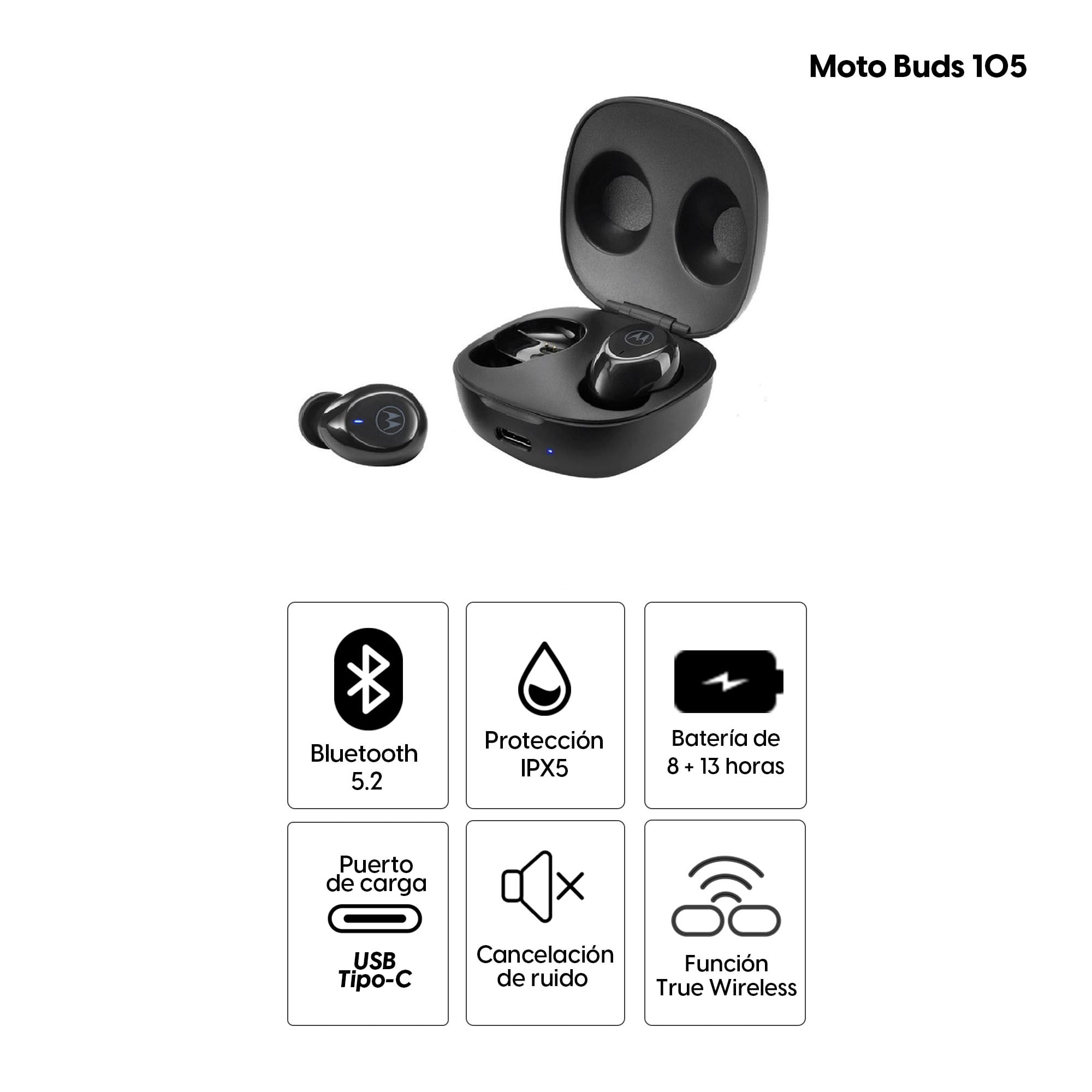 Imagen 2 del producto Audífonos bluetooth True Wireless Motorola Moto Buds 105 cancelación de ruido, resistencia IPX5, duración máx. 21 horas con estuche de carga, negro