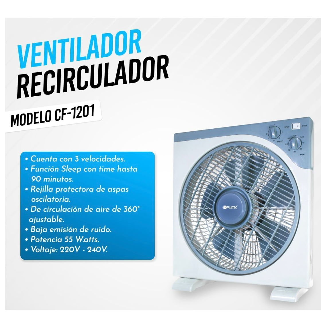 Imagen 2 del producto Ventilador Fujitec recirculador, 55w, 360° ajustable, blanco - CF-1201   CF-1201 de 55 watts Blanco