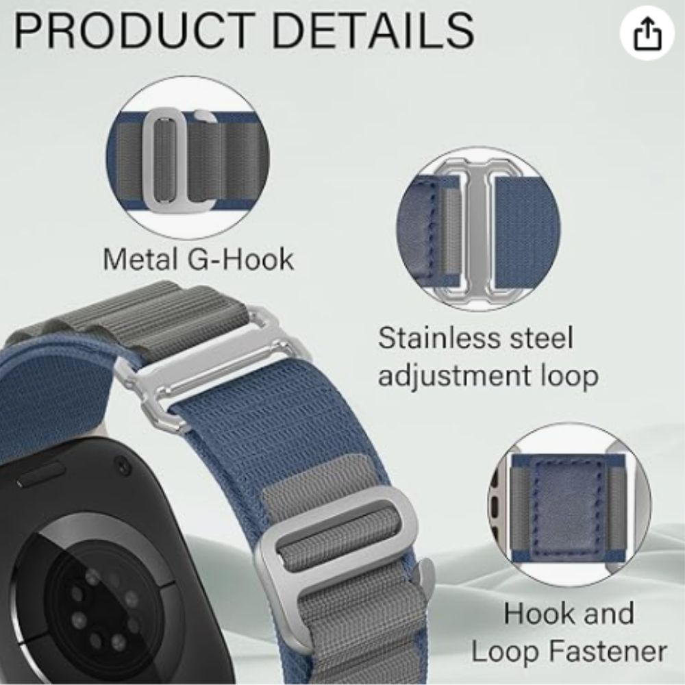Imagen 2 del producto Correa Urvoi, alpine loop and hook, nylon, transpirable, para apple watch, 42/44/45/49mm, azul gris