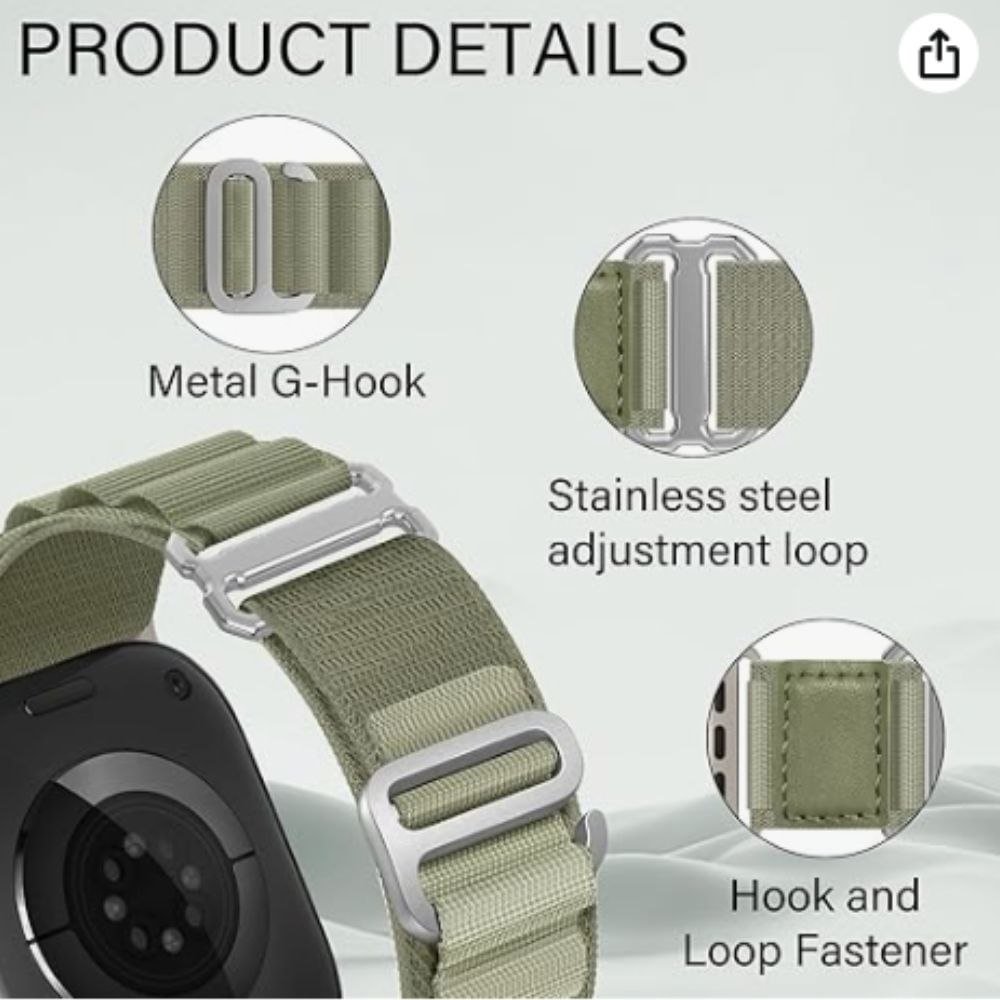 Imagen 2 del producto Correa Urvoi, alpine loop and hook, nylon, transpirable, para apple watch, 42/44/45/49mm, verde musgo
