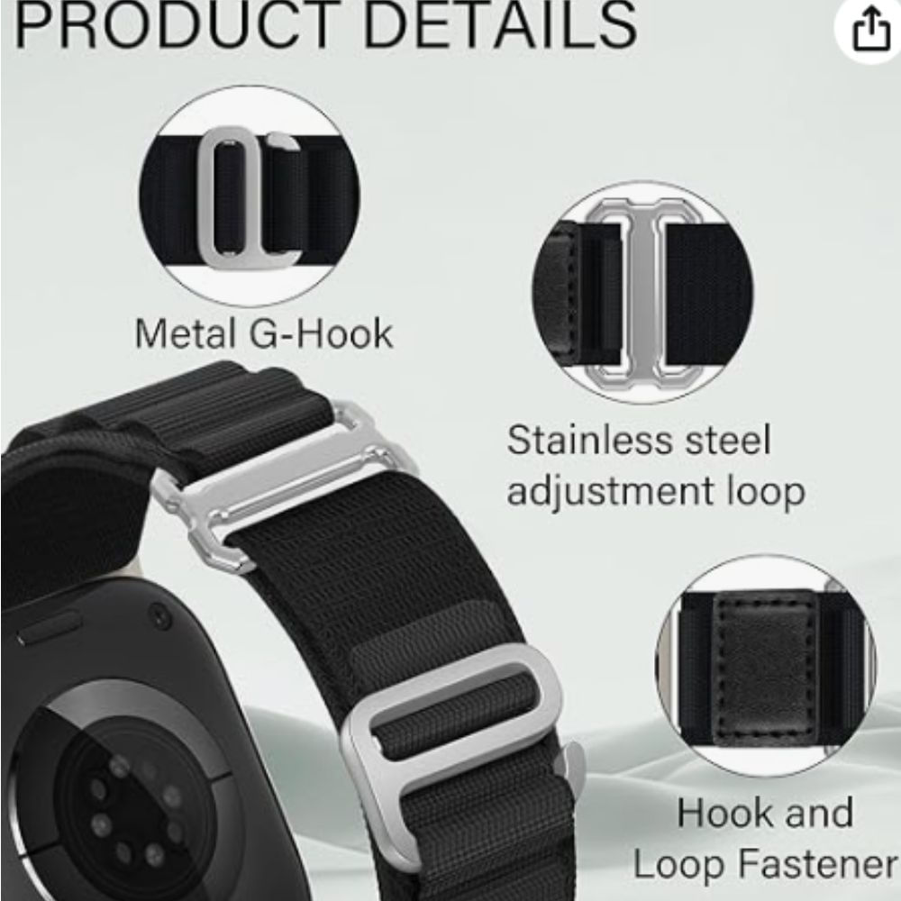 Imagen 2 del producto Correa Urvoi, alpine loop and hook, nylon, transpirable, para apple watch, 42/44/45/49mm, negro