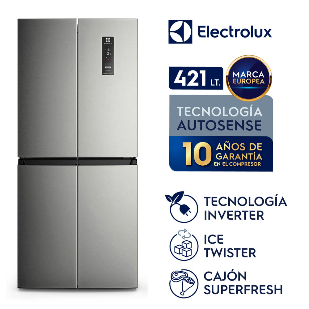 Imagen 2 del producto Refrigeradora Electrolux ERQU40E2HWS capacidad 421 litros, no frost bottom, multidoor 4 puertas, plateado