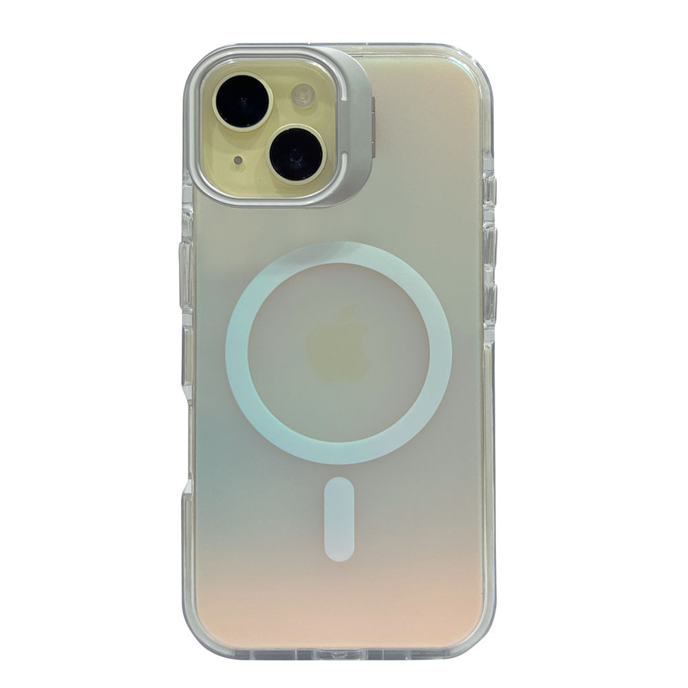 Imagen 1 del producto Case para iPhone 16 Pro con magsafe para carga inalámbrica, soporte en la cámara, color tornasolado con borde blanco