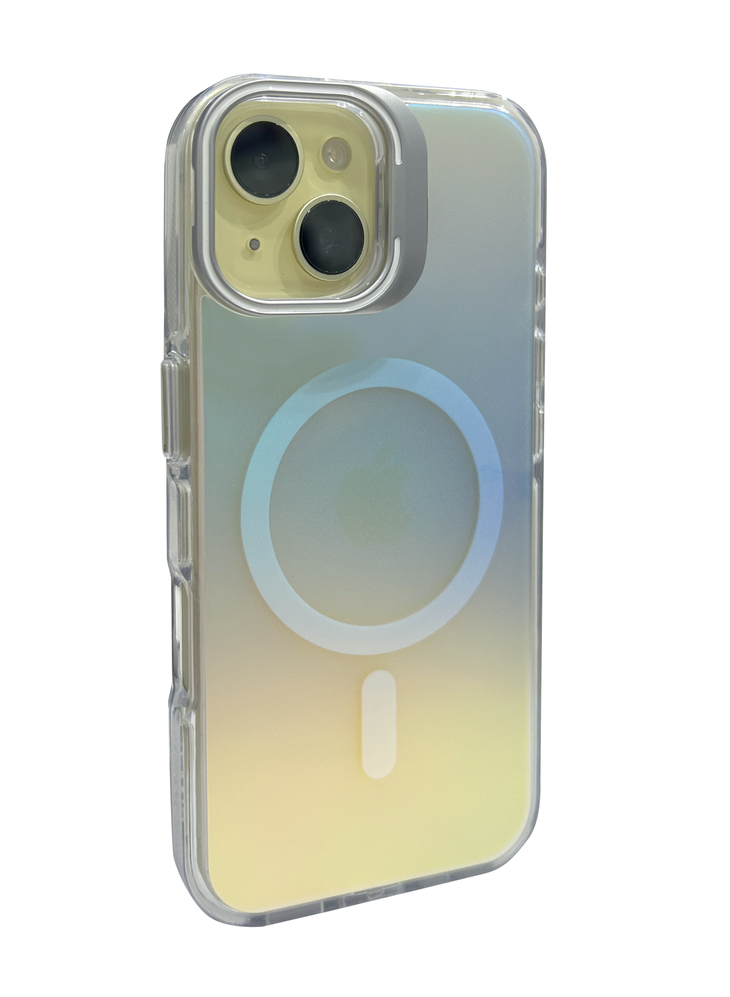 Imagen 2 del producto Case para iPhone 16 Pro con magsafe para carga inalámbrica, soporte en la cámara, color tornasolado con borde blanco