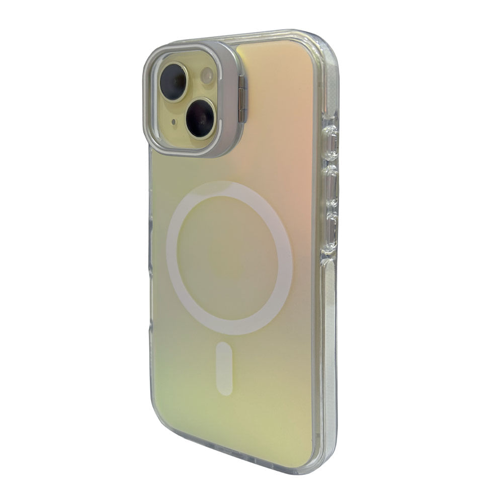 Imagen 2 del producto Case para iPhone 13/14 con Magsafe para carga inalámbrica, soporte en la cámara, color tornasolado con borde blanco