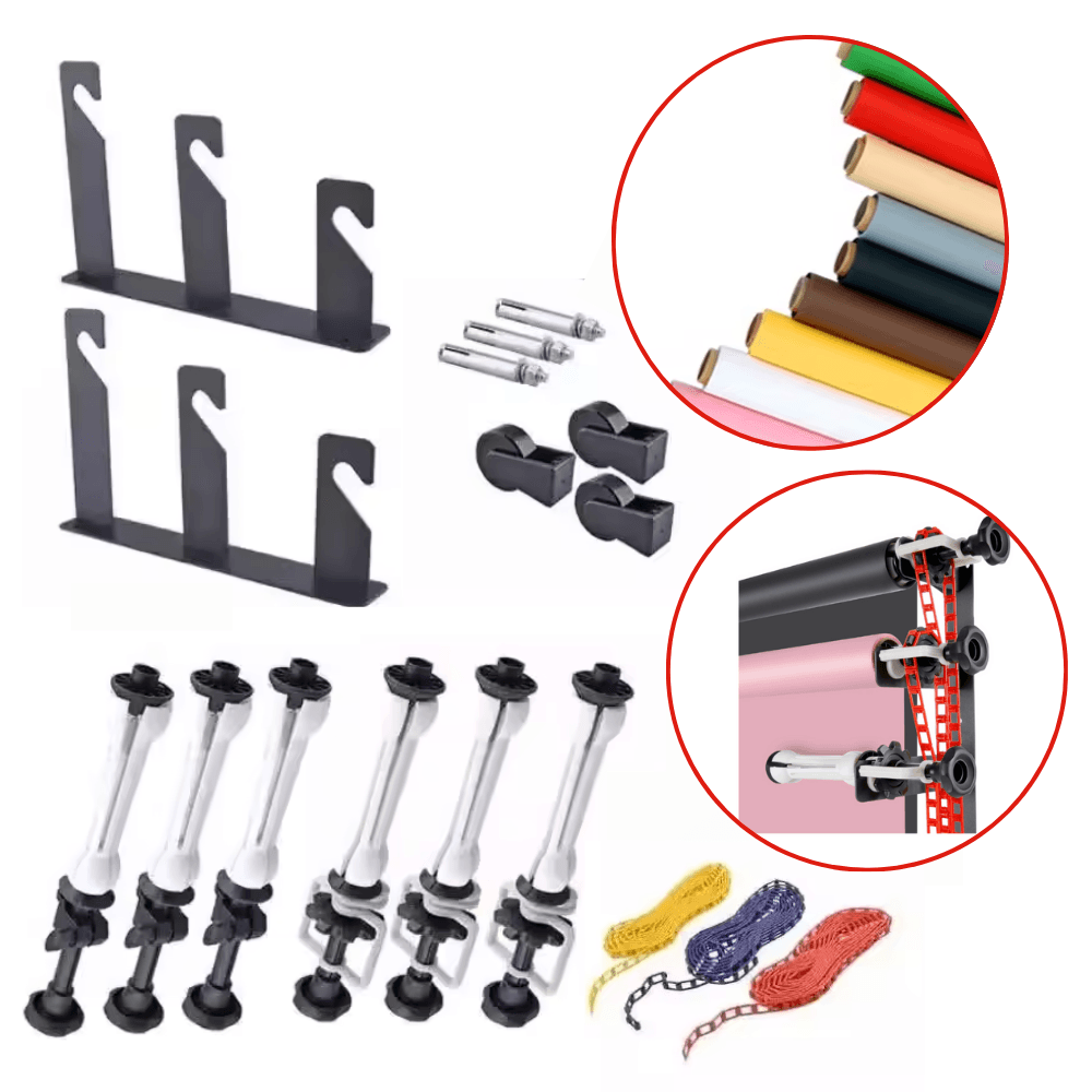 Imagen 1 del producto Sistema de soporte manual 3 en 1, ideal para fondos de estudio, con enrolladores y contrapeso, negro