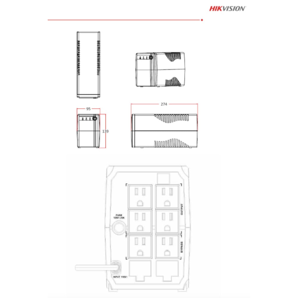 Imagen 2 del producto UPS Hikvision 1000VA, DS-UPS1000-X, 600W, 6 tomas, nema 5-15R, indicadores Led, retardador de llama, negro