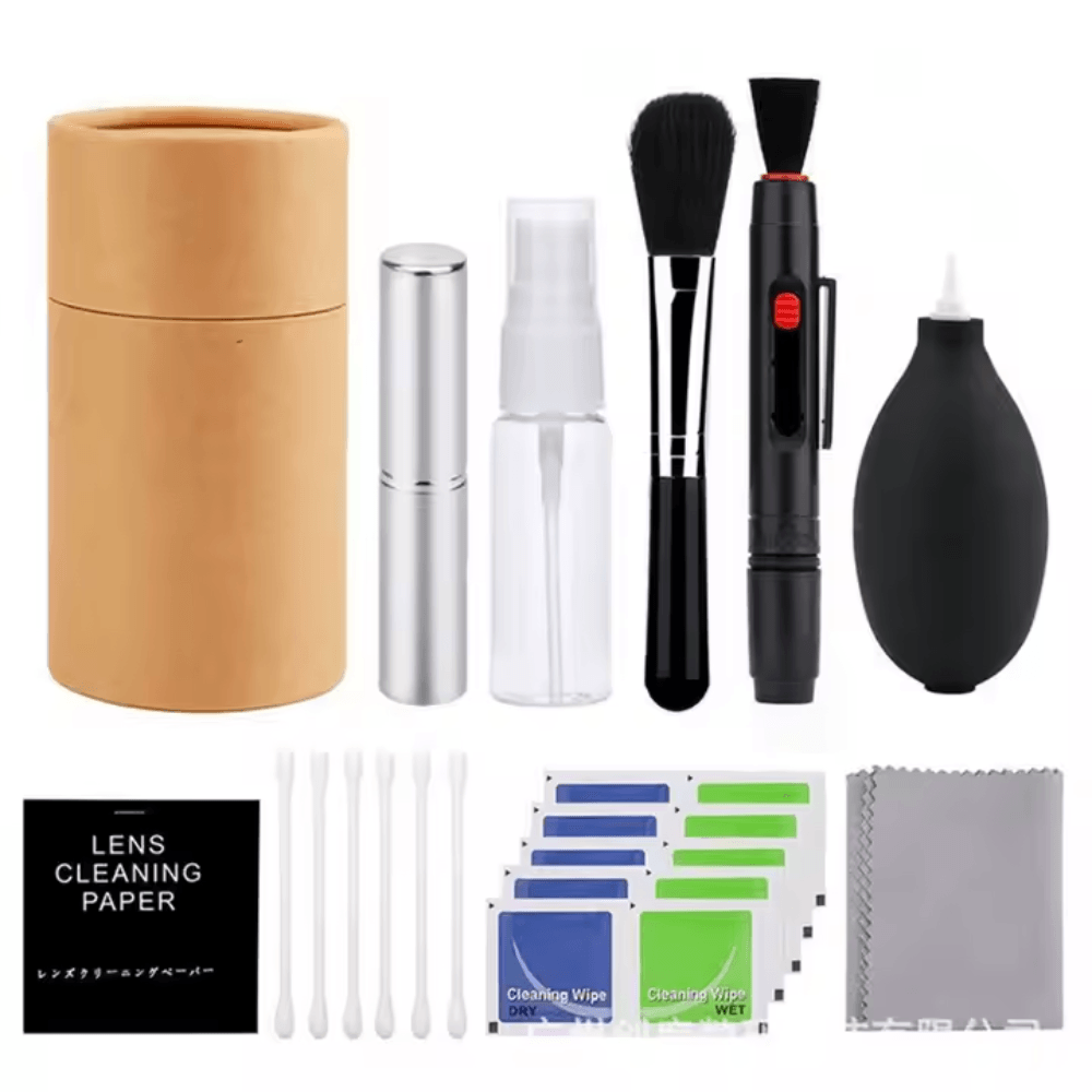 Imagen 1 del producto Kit de limpieza profesional para cámaras SRL, incluye paño de microfibra, cepillos, hisopos, botella de detergente
